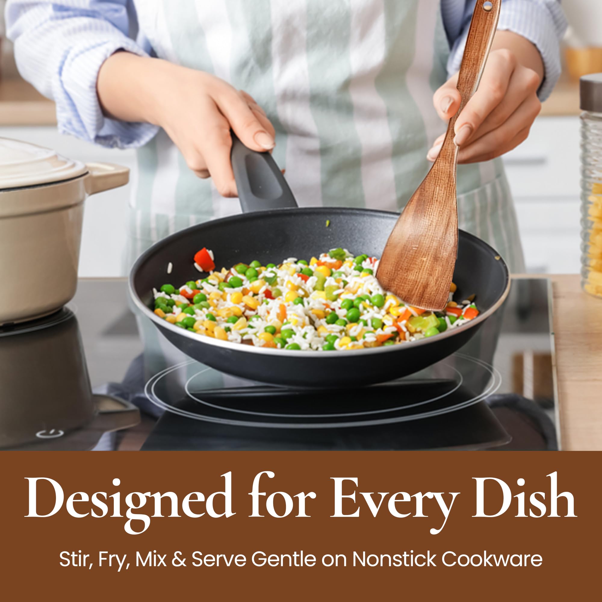 TEGH Wooden Cooking Utensils Set – 3-Piece Teak Wood Spoons and Spatula Set with Holder for Cooking – Durable Non-Toxic Eco-Friendly Wood Kitchen Utensils for Nonstick Cookware