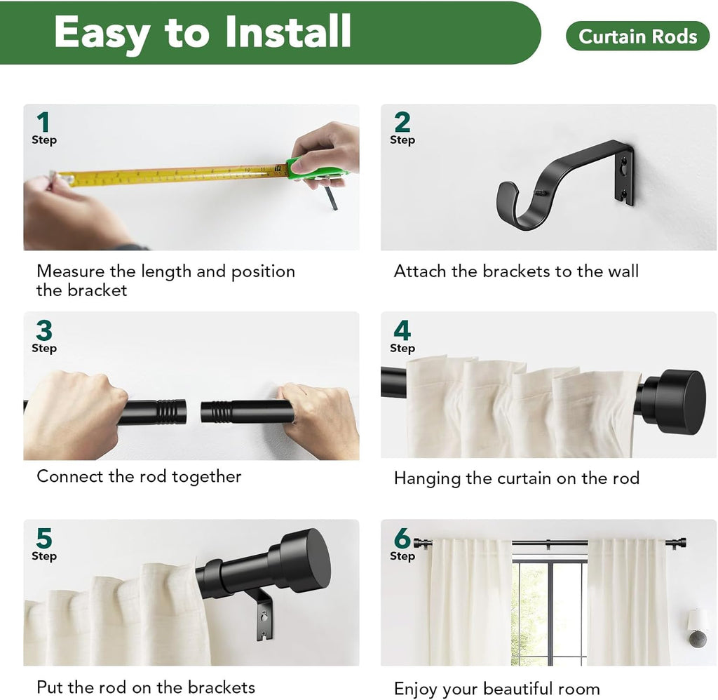 Time Forest Black Curtain Rods - Adjustable Heavy Duty Design for Windows 32 to 120 Inches | Modern Style