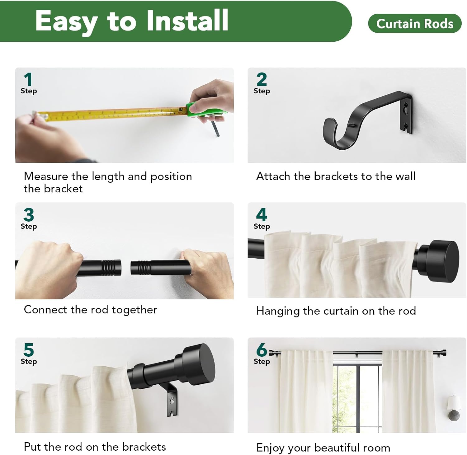 Time Forest Black Curtain Rods - Adjustable Heavy Duty Design for Windows 32 to 120 Inches | Modern Style