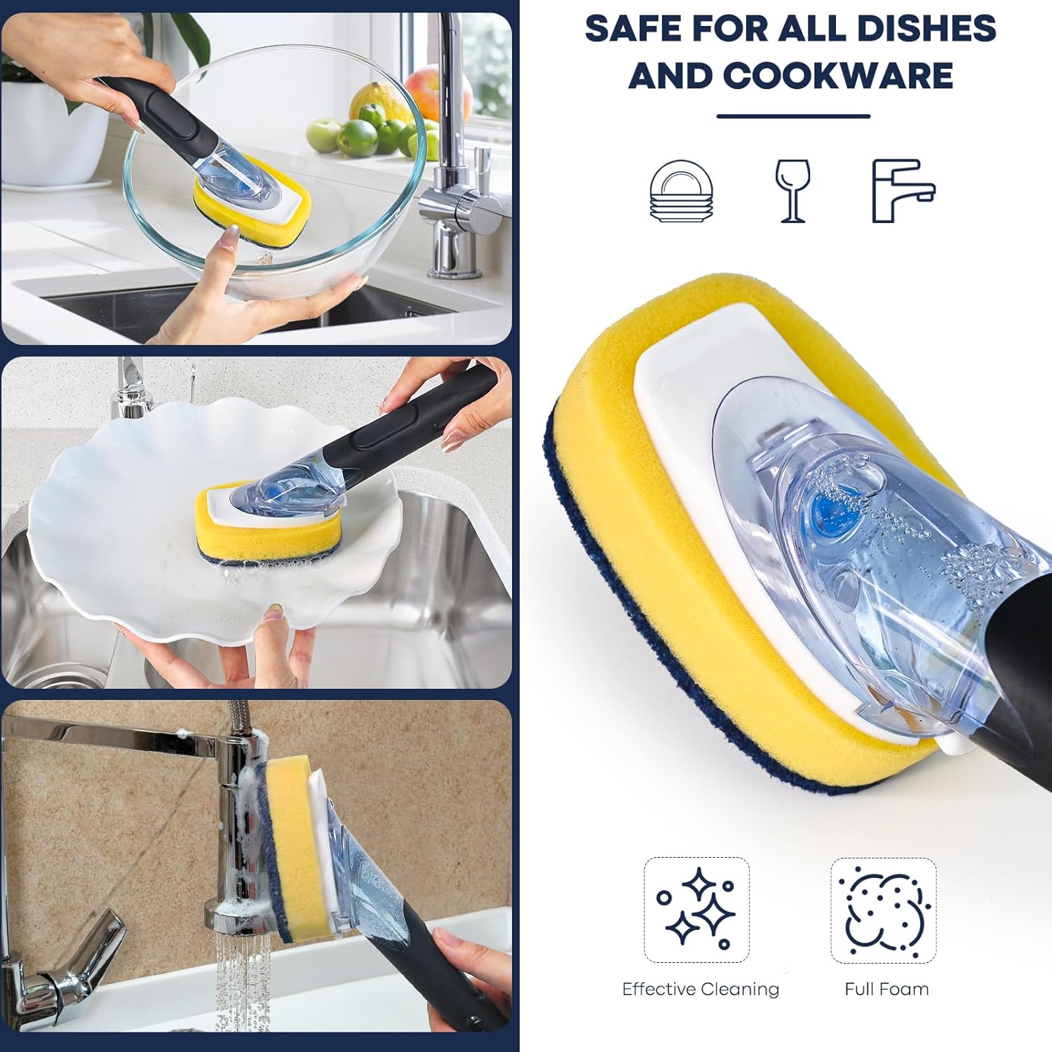 Skiennix Dish Brush Set - Soap Dispenser with 2 Sponge Refills & Holder | Ideal for Pots, Pans, and Dishes