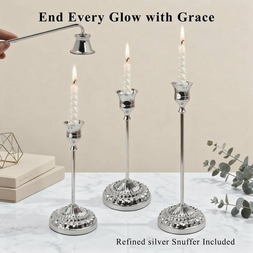 BEAHOT Silver Candle Holders - Set of 6 Elegant Non-Slip Holders with Matching Snuffer for Home Decor