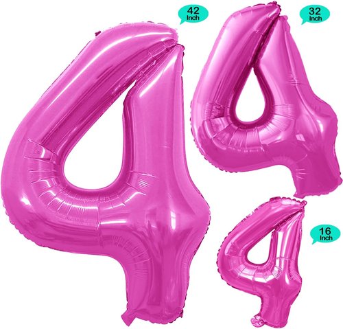 GOER Pink Foil Number 4 Balloons - Huge 42 Inch & 32 Inch for 4th Birthday Party Decorations (3 Pcs)