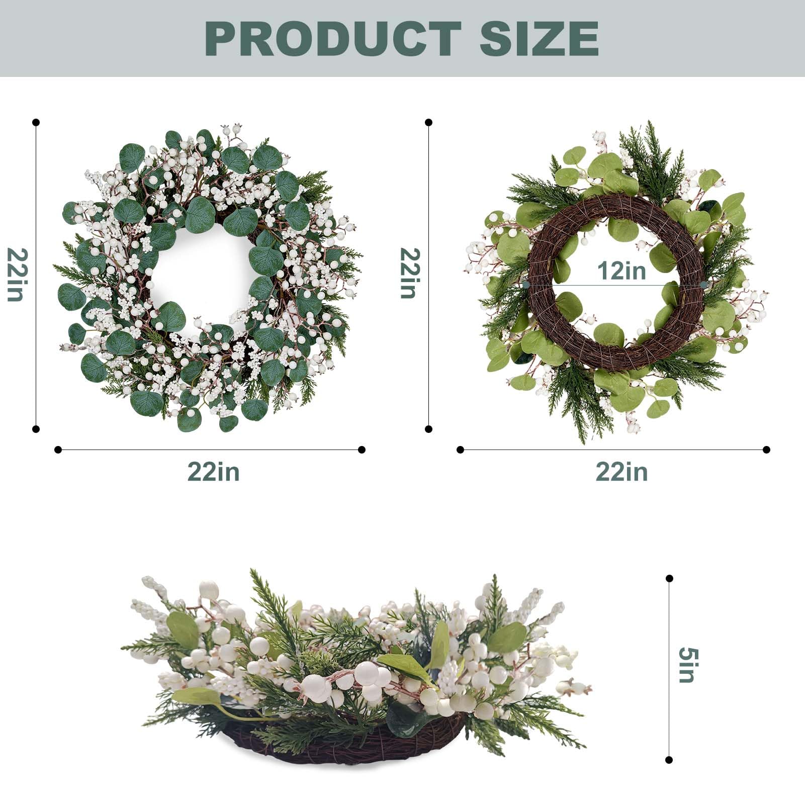 WSTPUPU Artificial Winter Wreath 22inch Christmas Wreaths for Front Door White Berry Wreath with Eucalyptus Leaves Pine Needles White Berries for Xmas Wall Farmhouse Window Winter Holidays
