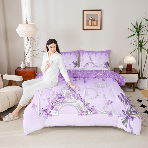 Castle Fairy Paris Comforter Set Twin Size,Eiffel Tower Bedding Set 2pcs for Kids Teens Girls Women Room Decor,Purple White Gradient Glitter Quilt Set Modern Romantic French Duvet Insert,1 Pillowcase
