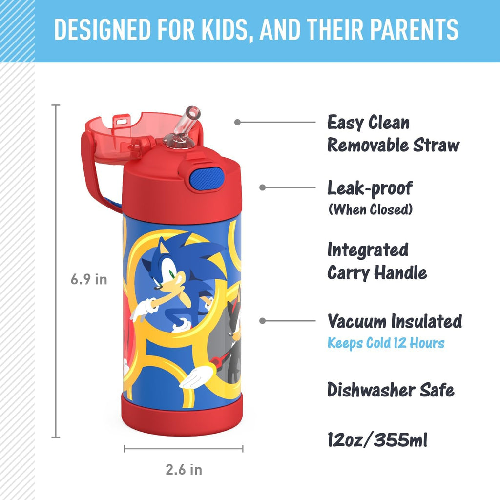 THERMOS FUNTAINER Water Bottle - 12 Ounce Kids Stainless Steel Insulated Bottle with Straw | Sonic the Hedgehog