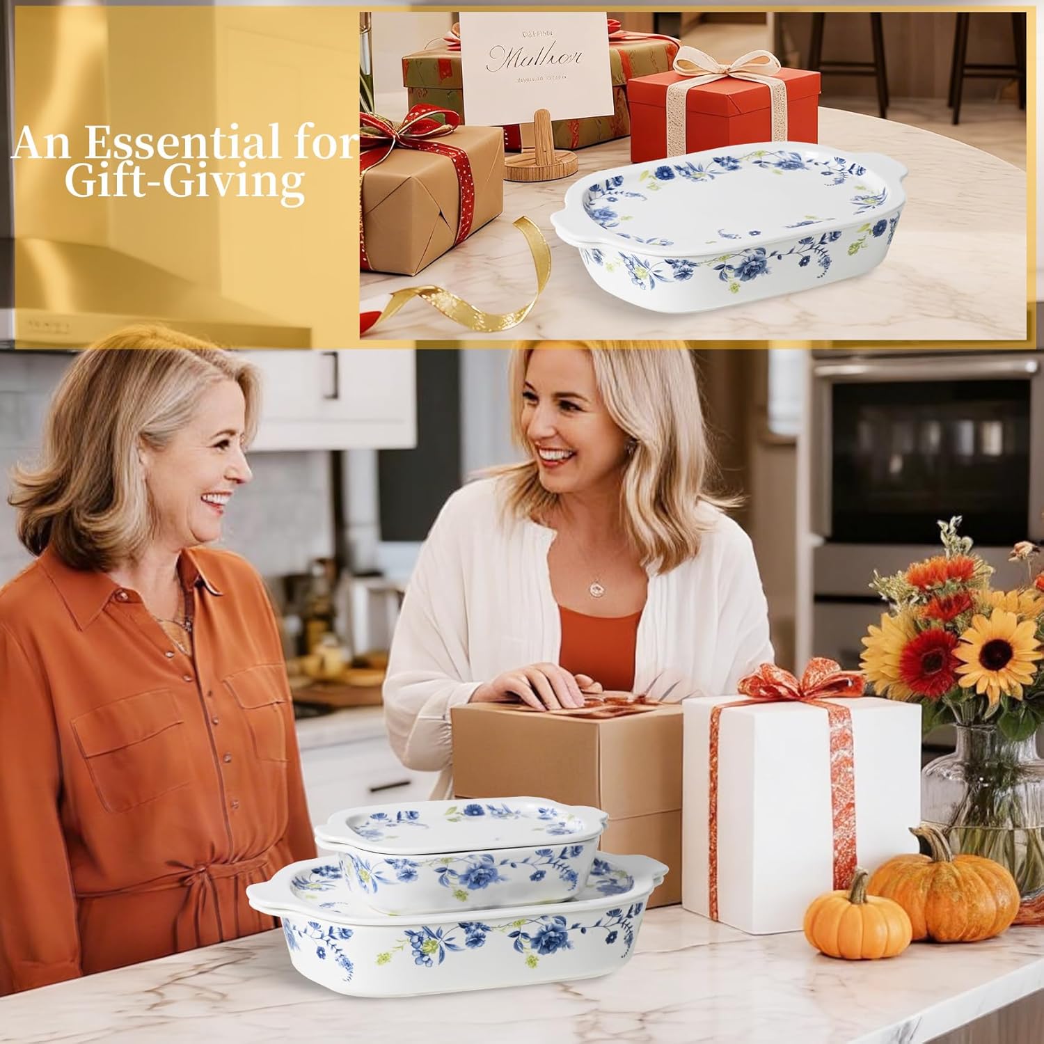 Regine Switzerland Ceramic Casserole Dish Set - 4-Piece Bakeware with Lids | Oven & Microwave Safe, 13x8 & 9x6 Inches