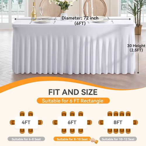 Outpain 6Pack White Spandex Table Clothes for 6 Foot Rectangle Tables-6FT Wrinkle Free Fitted Tablecloths with Skirt for Parties, Wedding, Birthday, Banquet, Festival