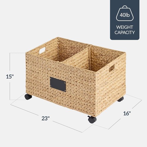 Best Choice Products Rolling Pantry Storage Basket - Versatile Organizer with Chalkboard Label & Removable Divider | Natural Water Hyacinth for Kitchen & Home