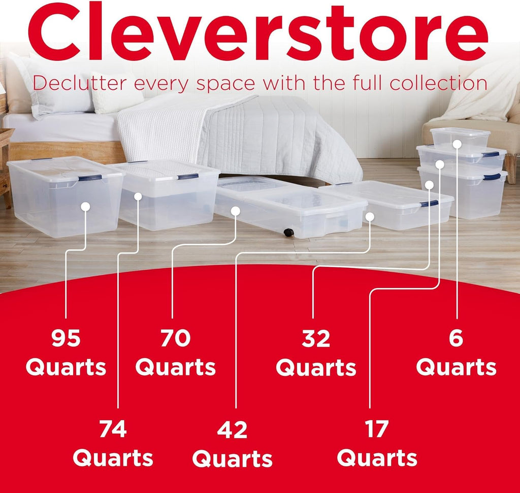 Rubbermaid Cleverstore 95 Qt Clear Storage Bins - Stackable, BPA-Free, 4-Pack, Made in USA