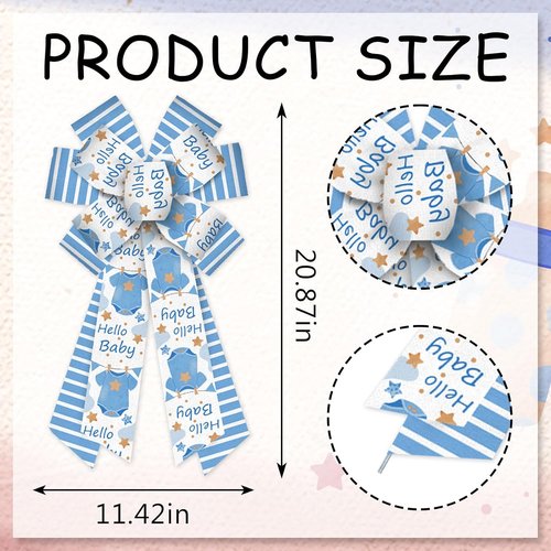 Estivaux Large Baby Shower Bows - Blue Striped Burlap Wreath Bows for Gender Reveal & Baby Boy Celebrations