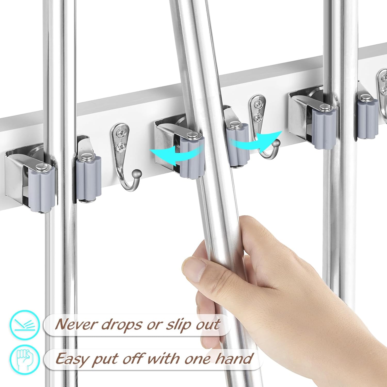 OUTNILI Wall-Mounted Mop Broom Holder - 3 Slots & 4 Hooks for Kitchen & Garden Organization | Durable Wood Design