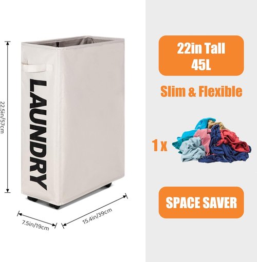 Caroeas 22" Rolling Slim Laundry Basket - Foldable Waterproof Sorter on Wheels | Beige Organizer for Small Spaces