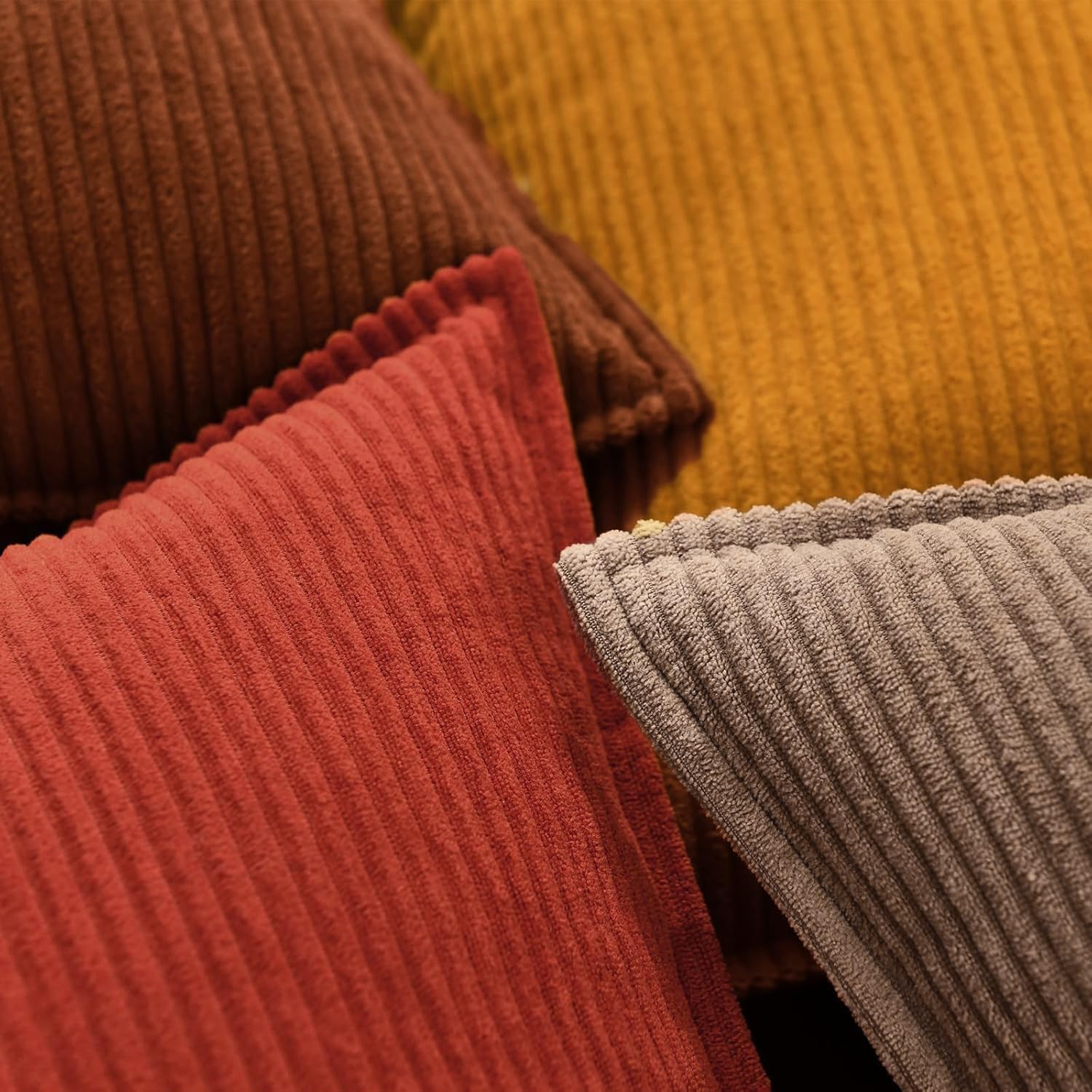 Fuhana Throw Pillow Covers 18x18 Inch Corduroy Set of 4 Decorative Couch Summer Throw Pillow Cases Square Farmhouse Boho Velvet Cushion Covers for Sofa Bed Living Room Home Decor Maillard Tones