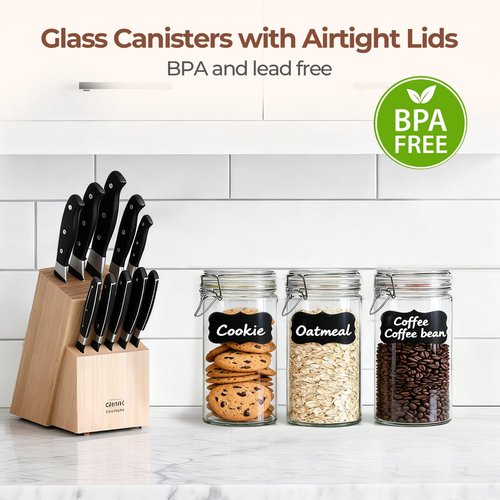ComSaf Glass Jars with Airtight Lid Set of 3, Mason Jars 34 oz, Pickling Jar, Canning Jar 34oz, 34 oz Glass Containers with Lids for Kitchen, Pickle, Flour, Cereal, Pasta, Sugar, Herb