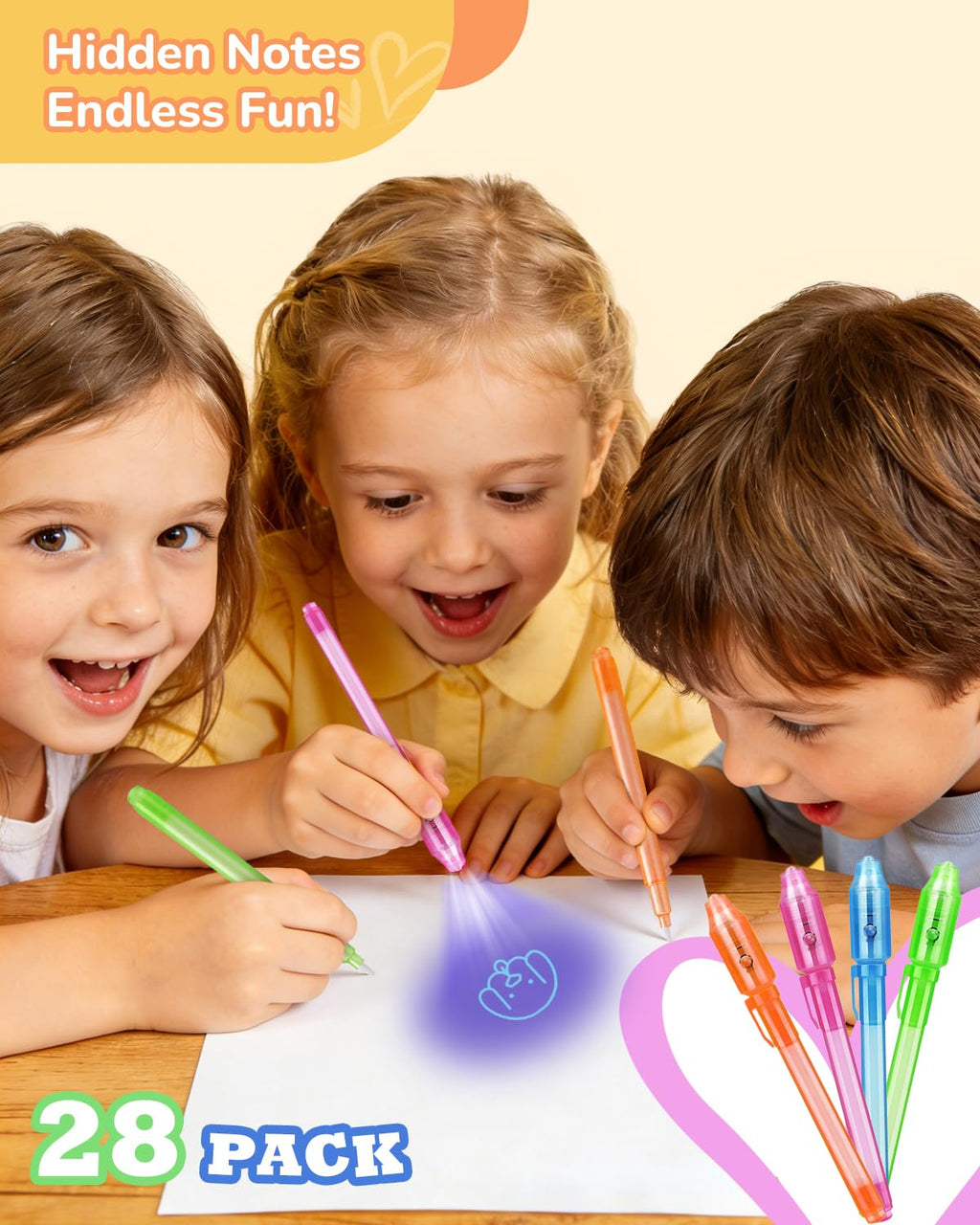 JPXH 28 Pcs Invisible Spy Ink Pen With UV Light for Kids, Magic pen for Secret Messages, Disappearing Ink Pens Fit for Boys & Girls Birthday Party Favors, Classroom Exchanges and Goodie Bag Fillers