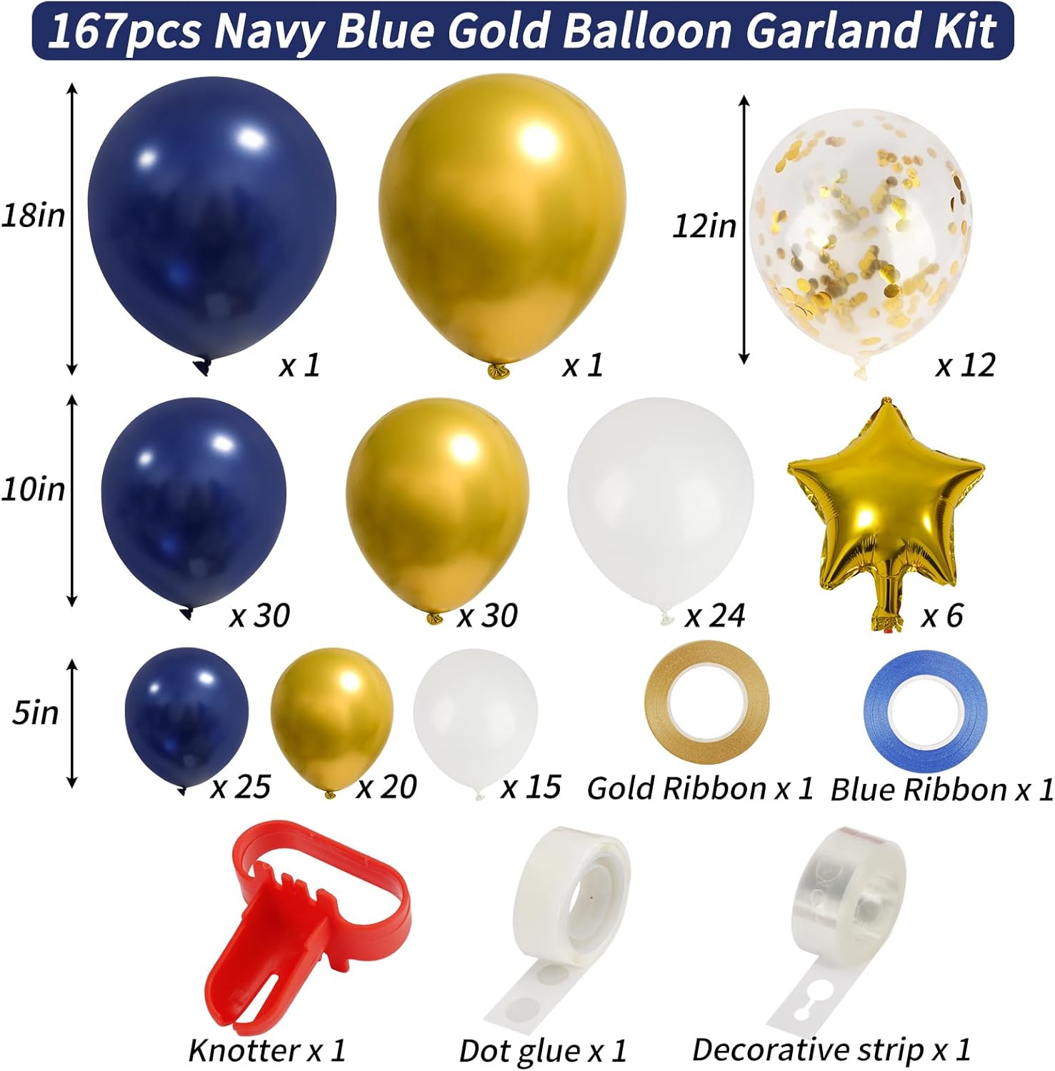 RUBFAC Balloon Garland Arch Kit - 167pcs Navy Blue, Gold & White Balloons with Confetti & Star Foil | Perfect for Graduation, Birthday & Baby Shower Decorations