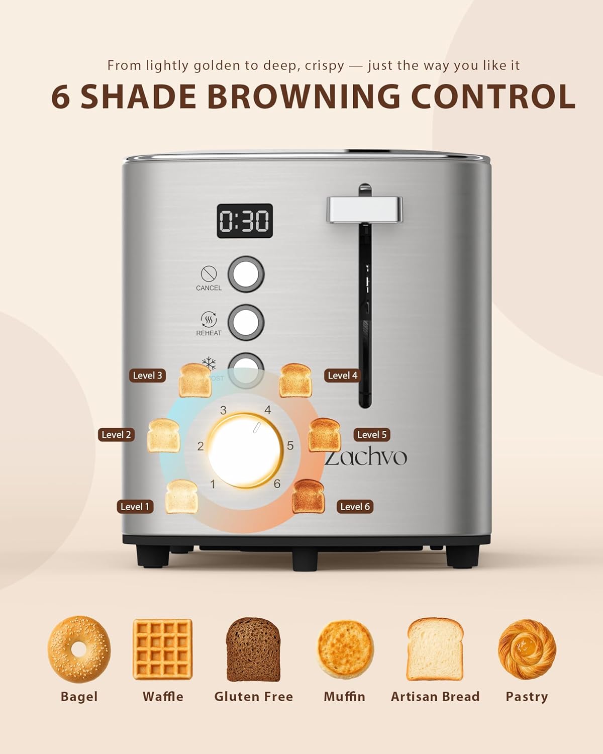 Skiennix 2-Slice Toaster - Wide Slots for Bread & Bagels | Stainless Steel, Digital Countdown, 6 Shade Settings