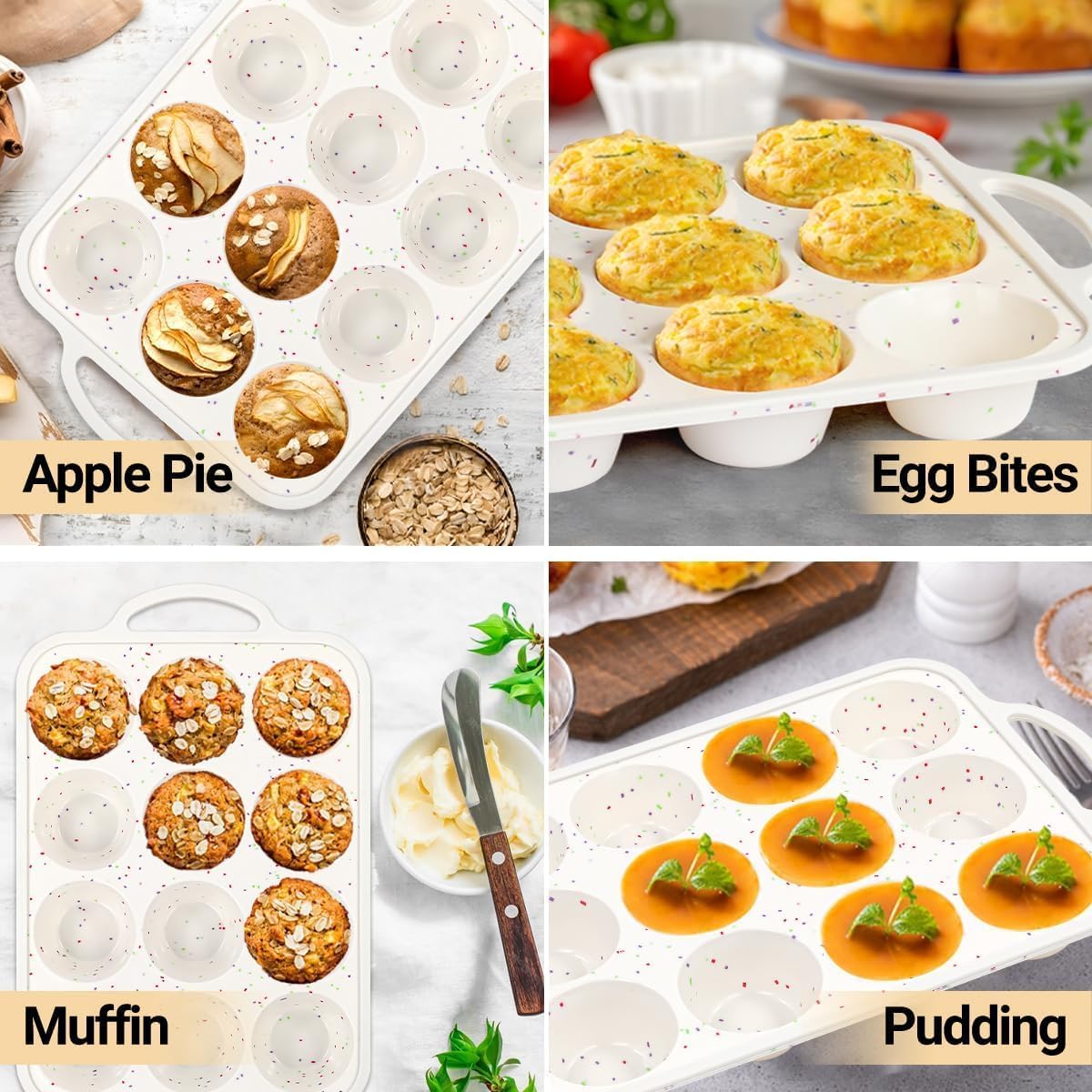 Skiennix Silicone Muffin Pan - Nonstick 12-Cup Baking Tray with Metal Reinforced Frame | BPA Free & Dishwasher Safe
