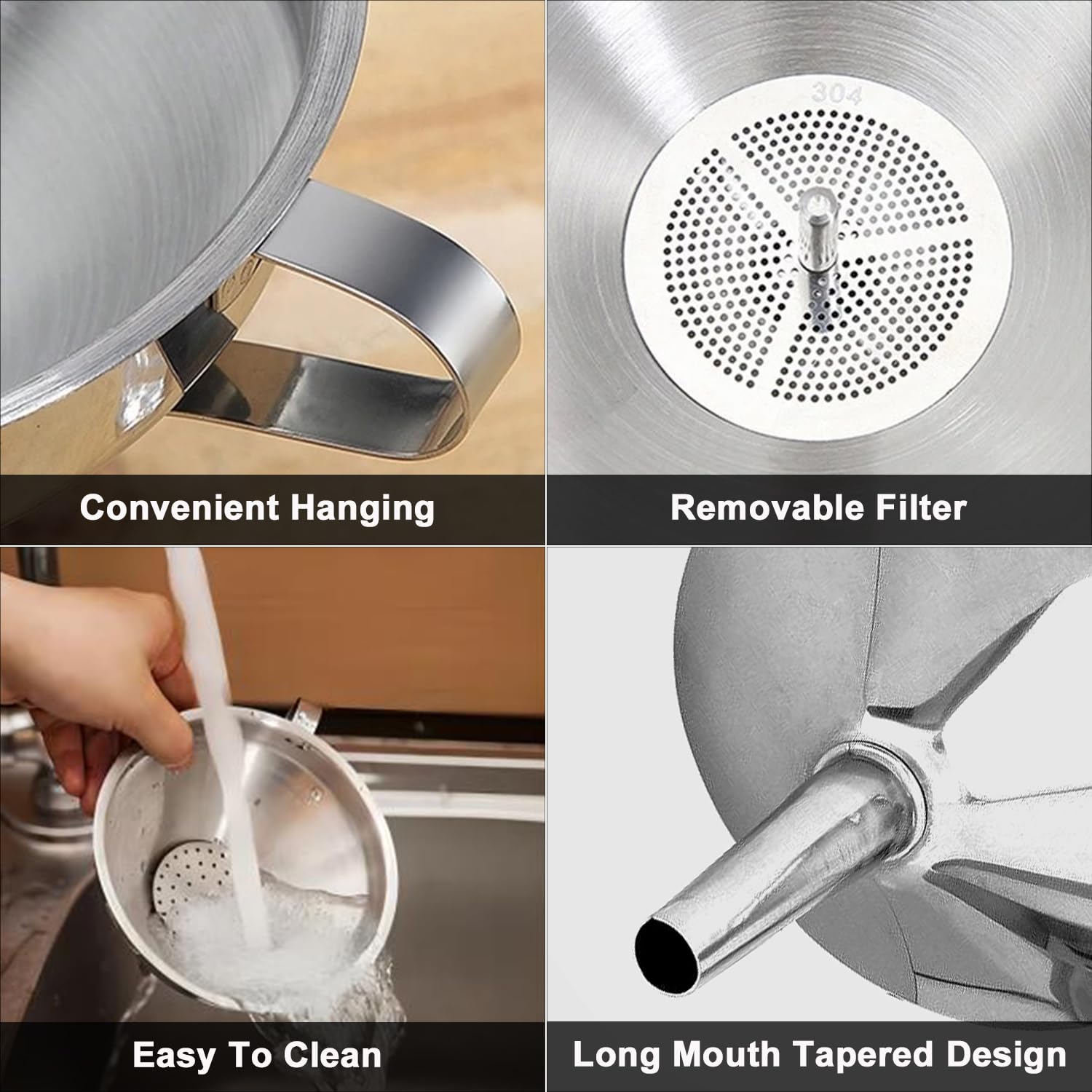 Lmoszuak Stainless Steel Funnels for Kitchen use,5 Different Sizes of Kitchen funnels,Metal Funnel with 2 Removable Strainer,Cleaning Brush,200 Mesh Food Filter,for Transferring of Liquid,Oils,Jam