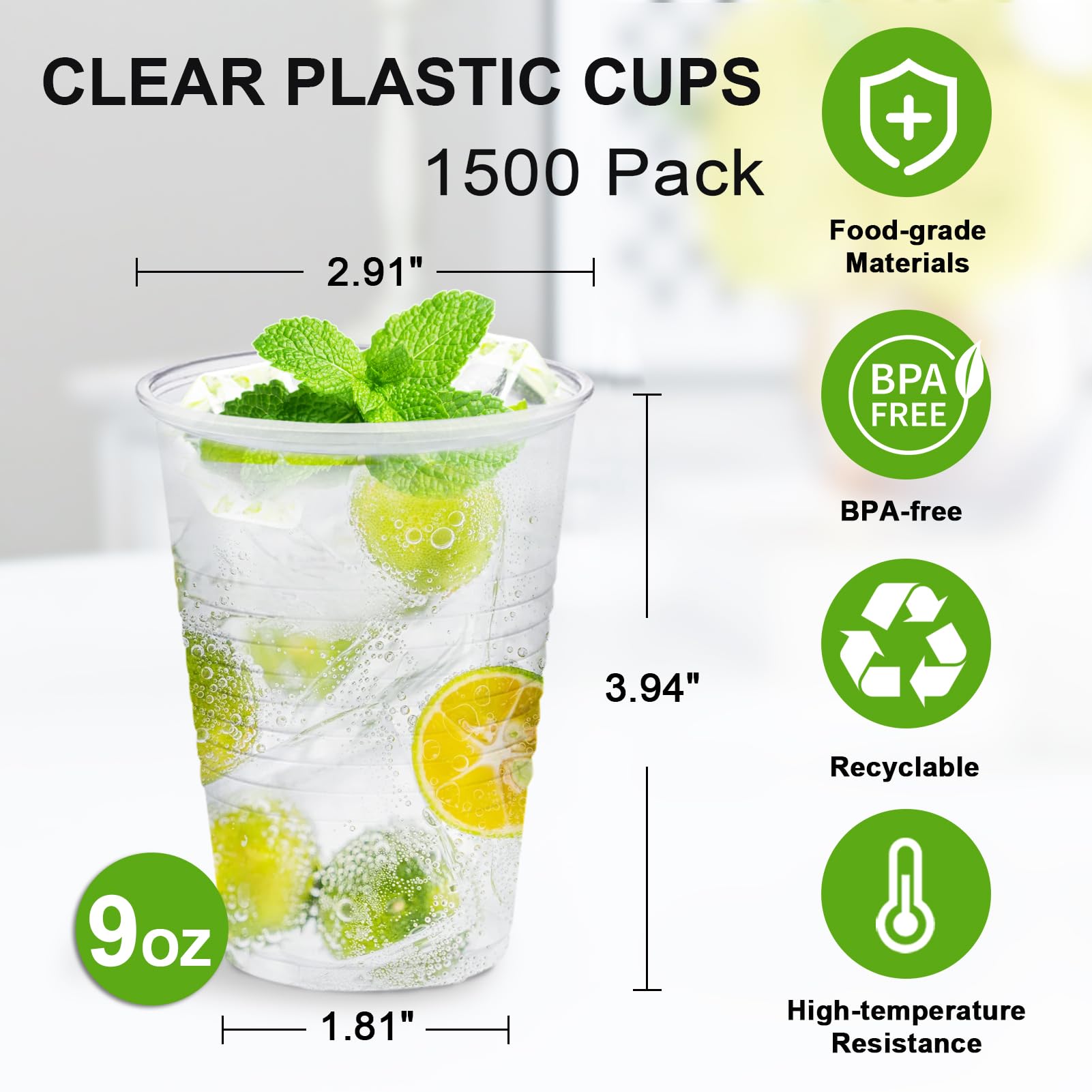 SIUQ 1500 Pack 9 oz Plastic Cups, Clear Disposable Plastic Cups, Cold Water Party Drinking Cups for Party, Picnic, BBQ, Wedding, Travel, Thanksgiving, Christmas