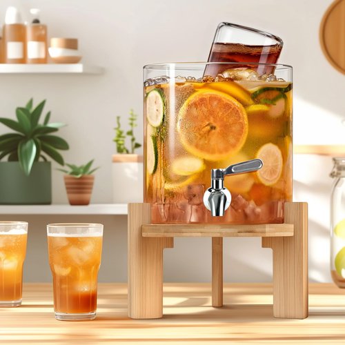 Beverage Dispenser 1.5 Gallon, Glass Drink Dispenser with Stand, Drink Dispensers for Parties, Beverage Dispenser with Wood Stand, Stainless Steel Spigot, for Parties,Bars,Restaurants (1.5 Glallons)