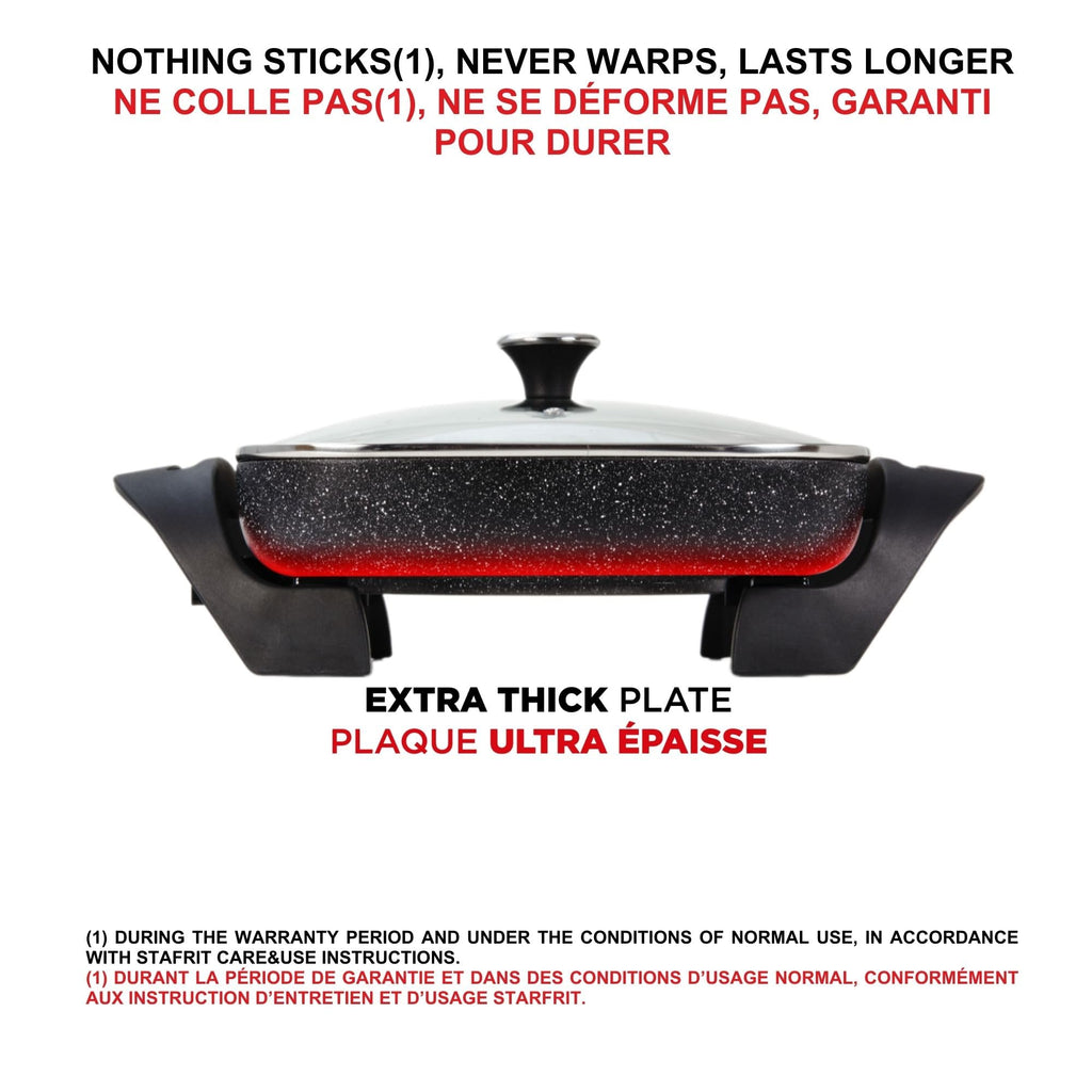 Starfrit The Rock Electric Skillet - 12" x 12" - Rock.Tec Non-Stick Cooking Surface - Tempered Glass Lid - 1200W
