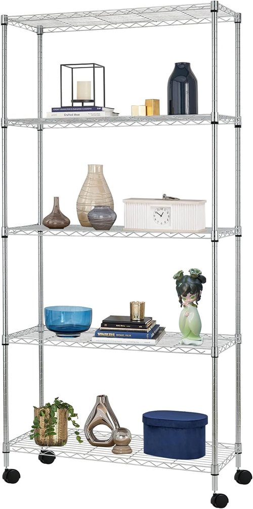 BestOffice 5-Tier Wire Storage Shelves with Wheels - Heavy-Duty Metal, Adjustable Racks | Chrome, 14x30x60 | Holds Up to 220 lbs, No-Tool Assembly for Home & Garage