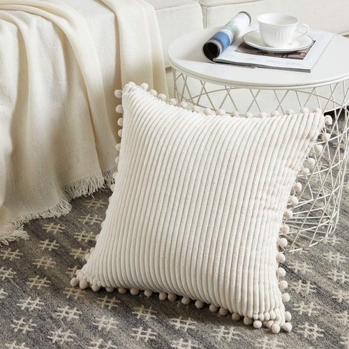 Fancy Homi Boho Decorative Throw Pillow Covers - Soft Corduroy Cushion Case Set (Pack of 2, 18x18 Inch, Cream)