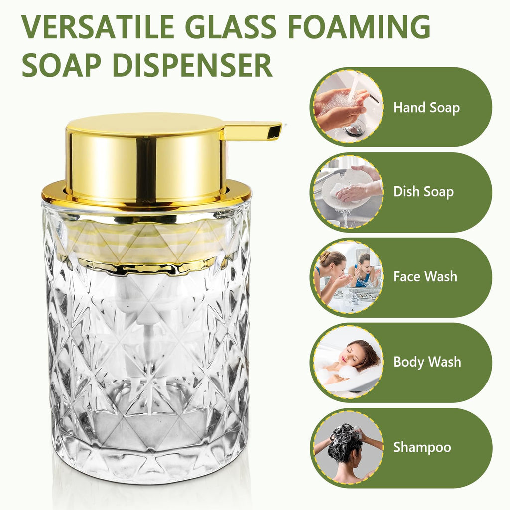 Abriclo Glass Foaming Soap Dispenser 2 Pack Refillable Foaming Hand Soap Dispenser with Gold Large Pump Wide Opening for Bathroom Kitchen Countertop Modern Home Decor with Elegant Pattern, Transparent