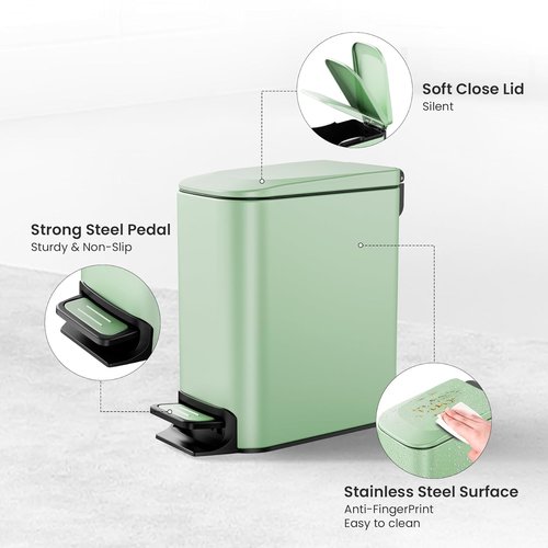 Cesun Small Bathroom Trash Can - Soft Close Lid & Step Pedal | 6L Stainless Steel, Anti-Fingerprint Finish (Matt Green)