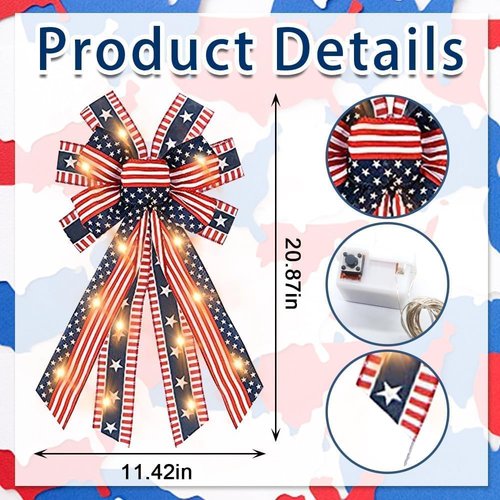 LED 4th of July Bows - Patriotic Burlap Bow with American Flags & Lights | Perfect for Wreaths & Front Door Decor