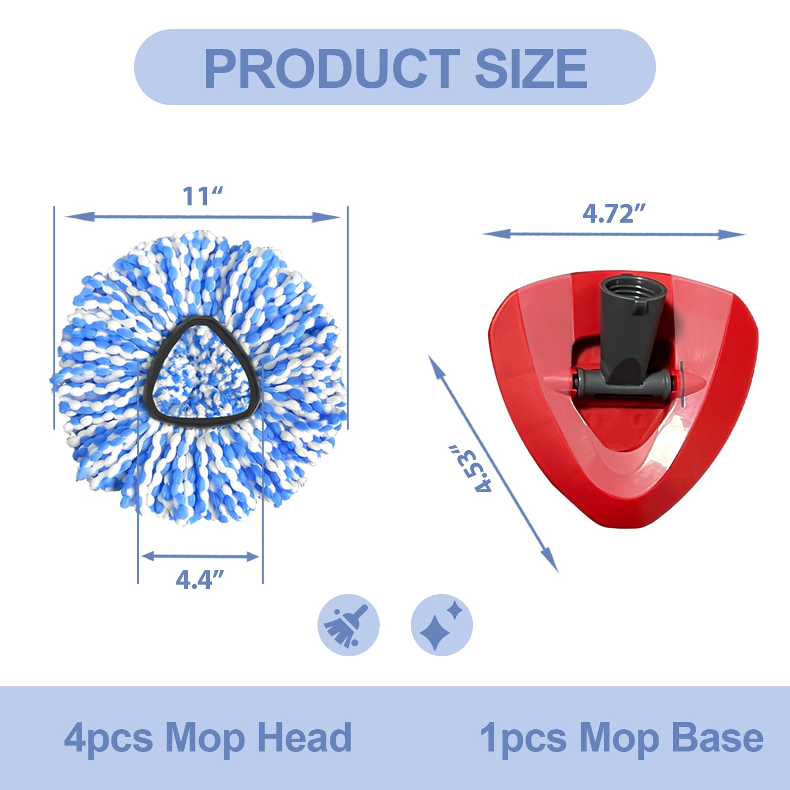 Mop Head Replacement, Spin Mop Replacement Head, Include 4pcs Mop Replace Heads, 1 Extra Mop Base Replacement, Washable, Flexible & Reusable