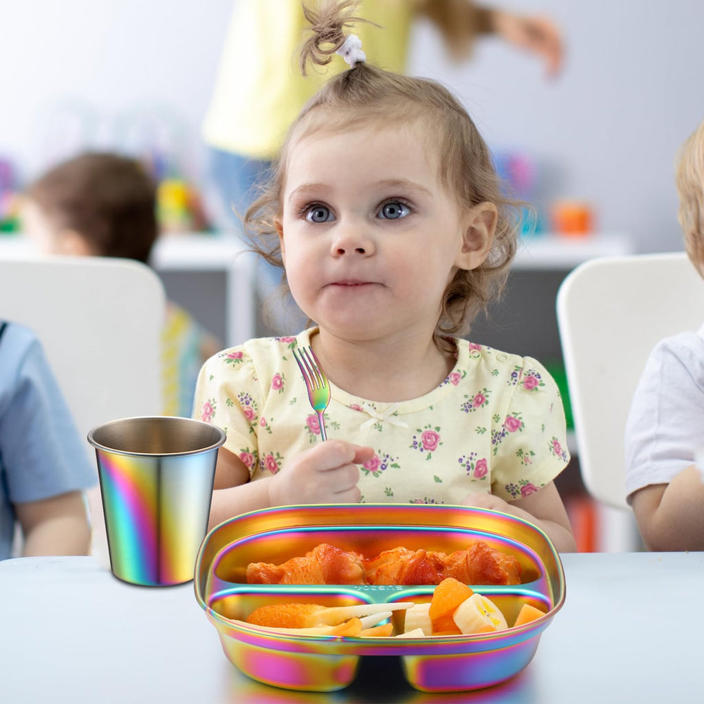 Tioncy 15 Pcs Stainless Steel Kids Dinner Set, Bowls, Balanced Bites Divided Plates, Cups, Spoons and Forks, Stainless Steel Lunch Plates Dinnerware Set for Kids Toddlers (Classic)