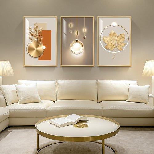 Framed Modern Luxury Gold Wall Art - Set of 3 Contemporary Paintings for Living Room | 24x36 Inch