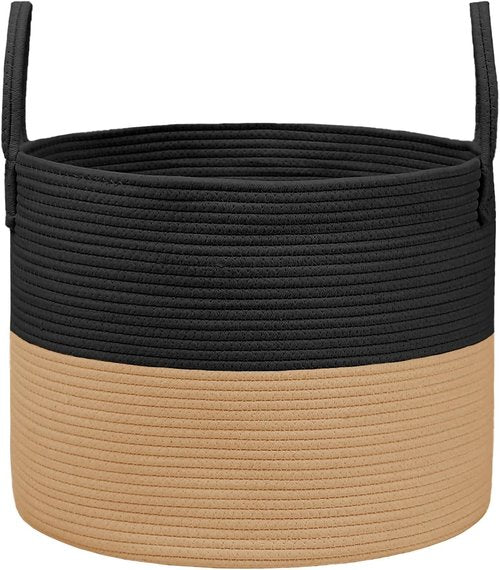 JMvicyroam Extra Large Blanket Basket - Woven Cotton Rope Laundry Hamper with Reinforced Handles | Black & Jute, Machine Washable Storage Bin for Pillows, Comforters & Toys