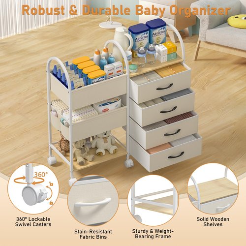 ONWAYHOME Baby Organizer and Storage Cart, 4-Tier Rolling Utility Cart with Wheels, Dividers and Drawers, Easy to Assemble for Nursery, Bedroom & Changing Table, White
