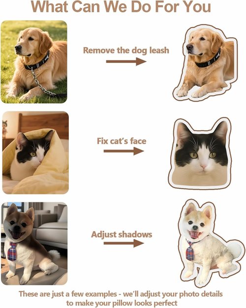 Custom Pet Pillow with Picture, Personalized Photo Dog Cat Face Shaped Pillow, Customized Stuffed Animal Pictures Pillows Memorial Loss Sympathy Gifts - 14"