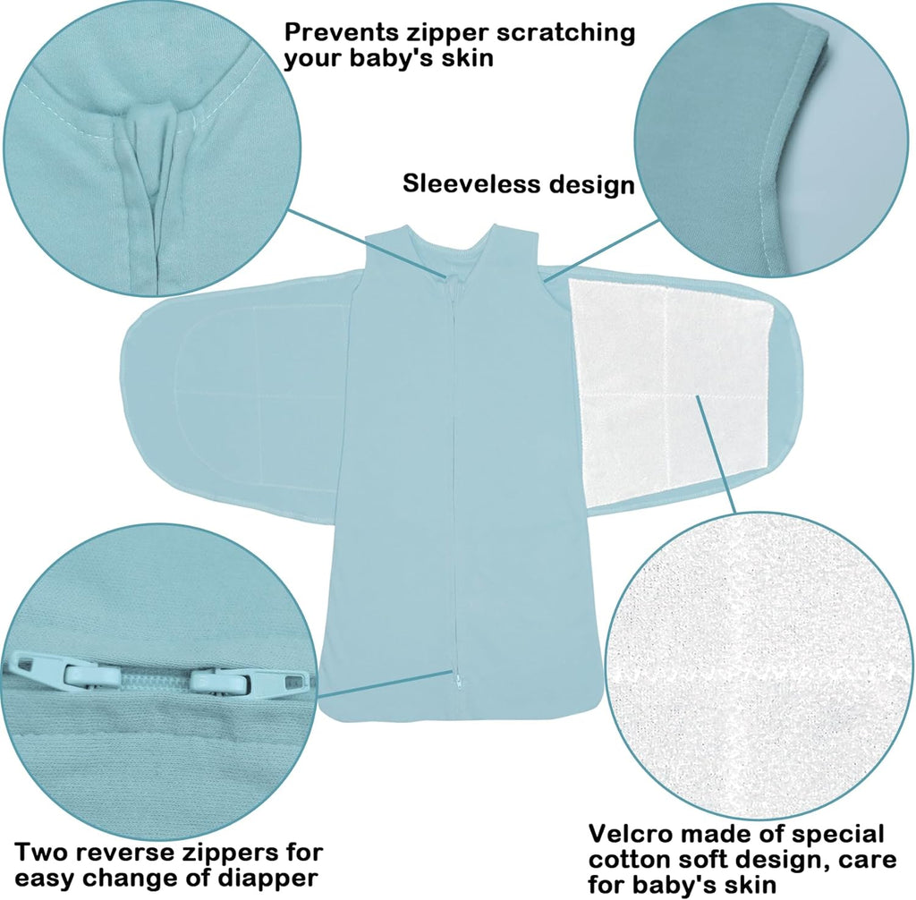 Skiennix Baby Sleep Sack Swaddle - 3-Way Adjustable Organic Cotton Blanket | 2 Pack for 3-6 Months, 12-18 lbs, 1.0 TOG (Cyan & Navy Blue)