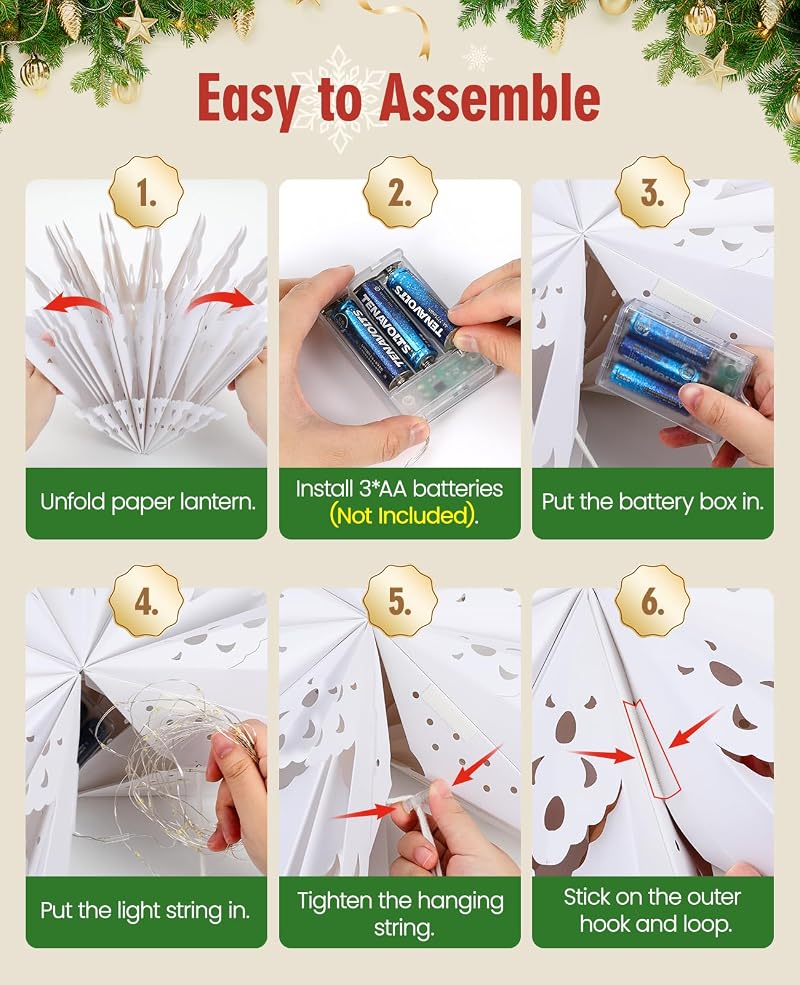 3 Pack 17.7in Paper Snowflake Lanterns with Remote, Christmas String Lights