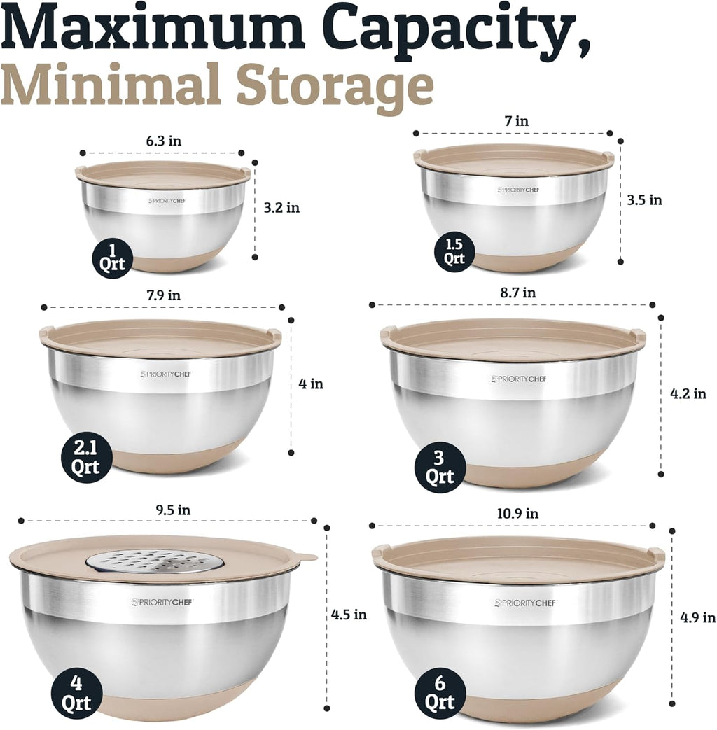 Priority Chef 6-Piece Stainless Steel Mixing Bowl Set - Non-Slip Bases & Airtight Lids in Khaki