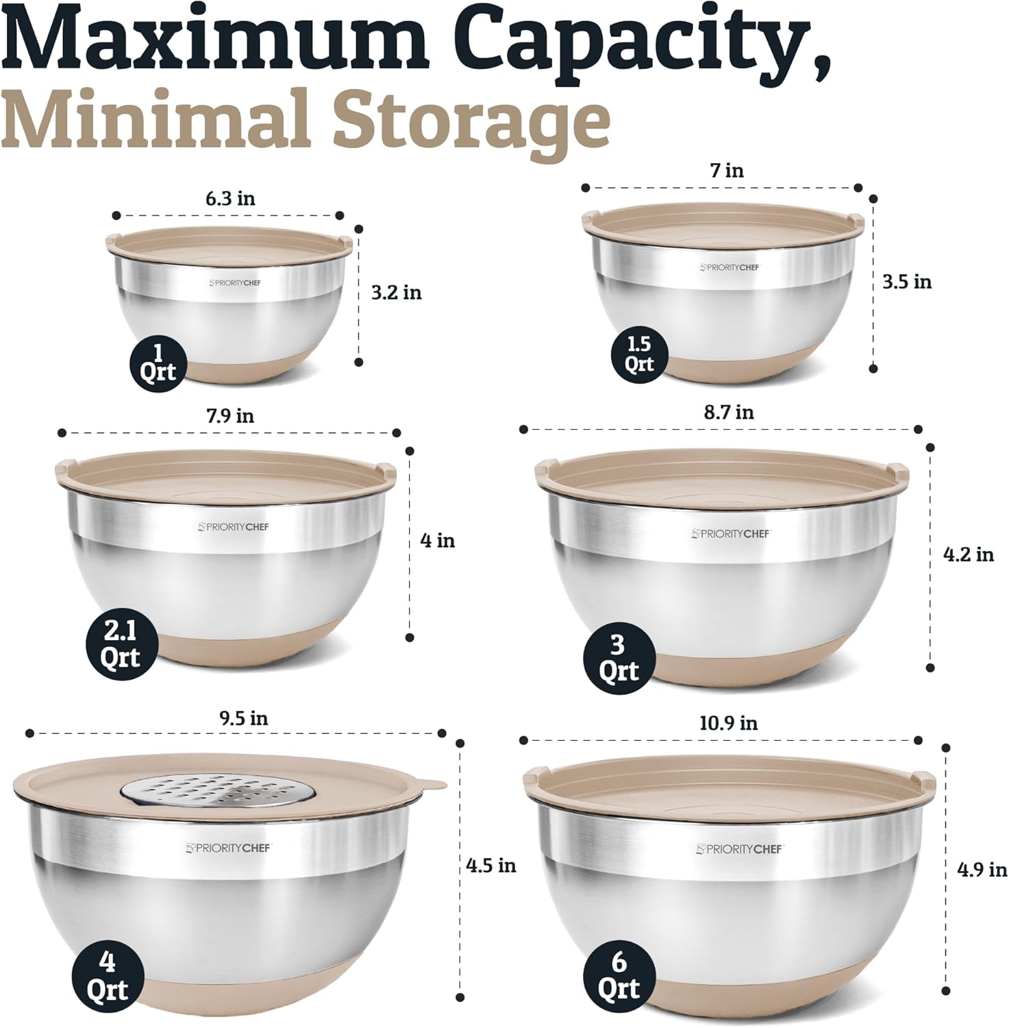 Priority Chef 6-Piece Stainless Steel Mixing Bowl Set - Non-Slip Bases & Airtight Lids in Khaki