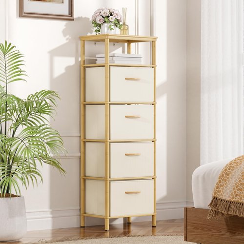 EZ2LIVE Bamboo Tall Skinny Dresser, Small Space Storage Narrow Dresser, 4 Large Water-Resistant Fabric Drawers, Small Dressers, for Bedrooms, Living Rooms, Hallways
