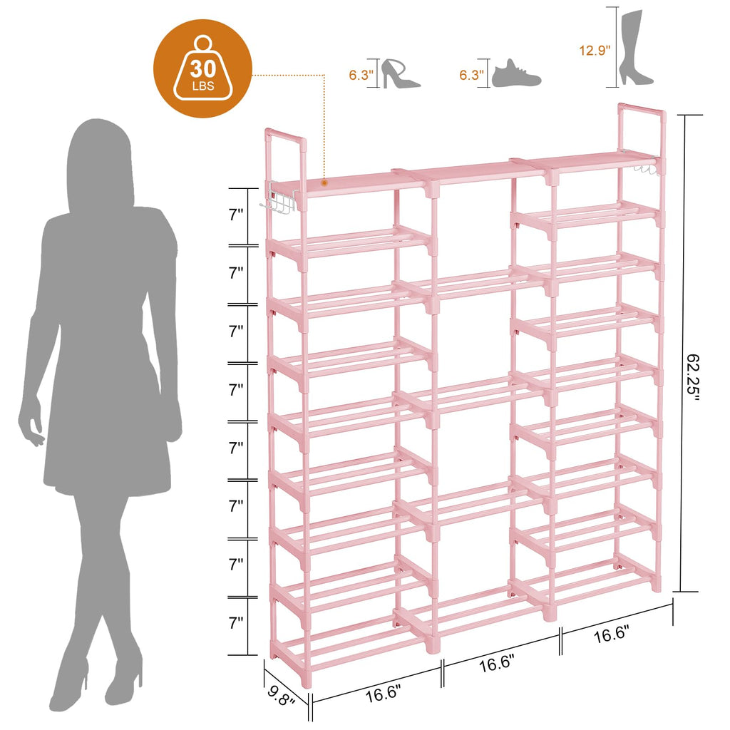 WOWLIVE 9 Tiers Shoe Rack Shoe Storage Shoe Organizer 50-55 Pairs Shoe Tower Unit Shelf Durable Metal Pipes with Plastic Connectors Stackable Cabinet Pink