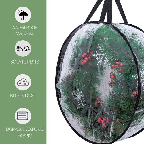 Clear Wreath Storage Bags by [Brand Name] - 24'' Christmas Wreath Storage Container with Dual Zippers | 2-Pack for Holiday Decor