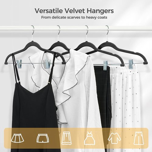 HOUSE DAY Velvet Hangers - Adjustable Clips & 360° Hook | 20 Pack Non-Slip Heavy Duty Suit Organizer (Black)
