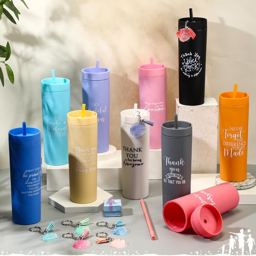 Willinglong 10 Set Employee Valentines Day Appreciation Gifts Bulk Thank You Cups for Coworkers 16 oz Inspirational Tumblers with Acrylic Keychains for Employees Staff Volunteers Social Worker(Staff)