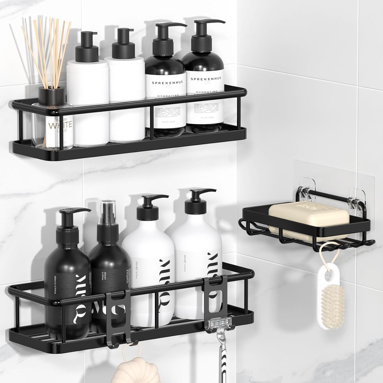 YASONIC Shower Caddy - No Drill Adhesive Bathroom Organizer with Removable Hooks & Soap Holder | 3 Pack, Black