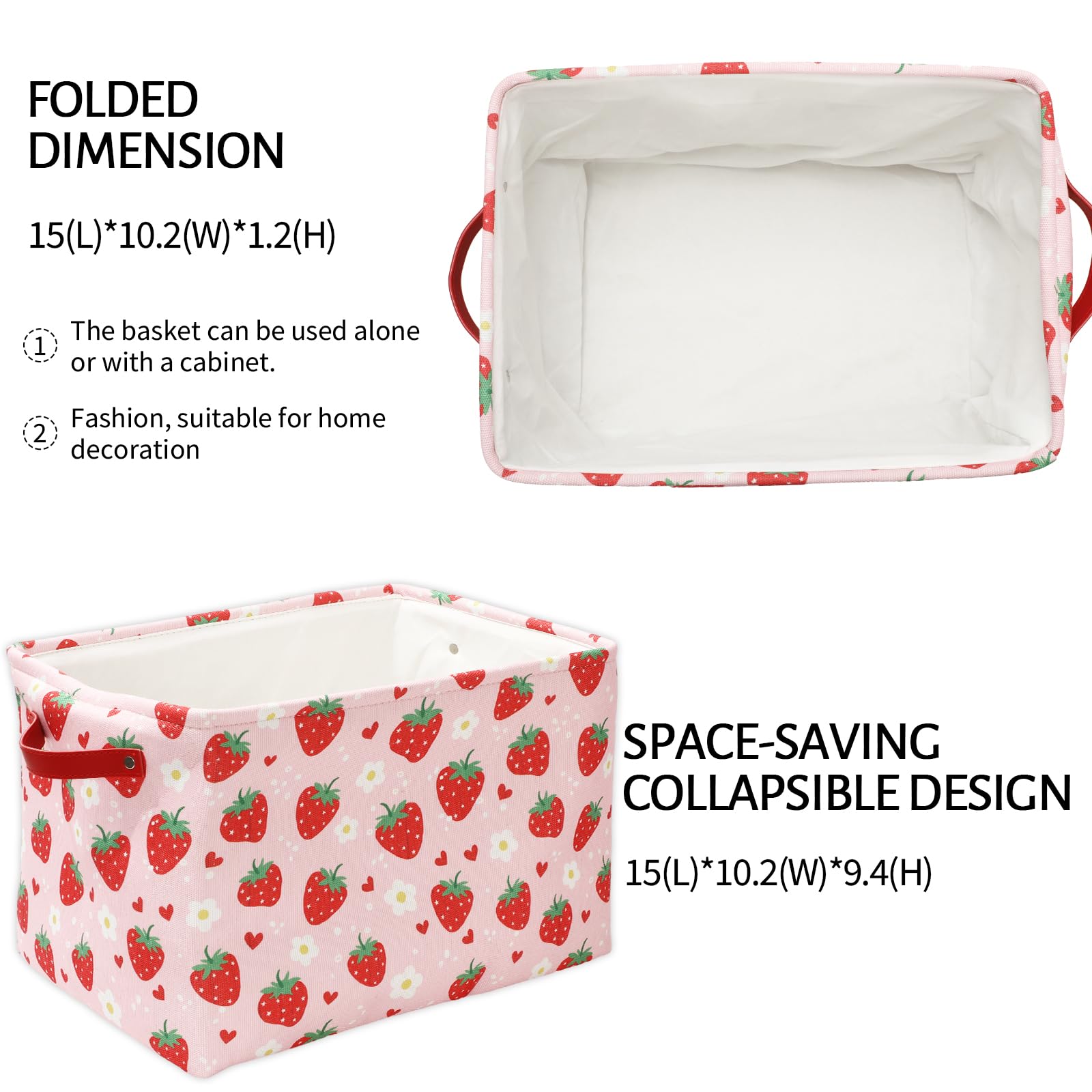 FYSUIMU Strawberry Storage Basket Foldable Strawberry Flower Heart Storage Bin with Handle Red Pink Fabric Basket for Home Office Organizer Decor, 15 x 10.2 x 9.4 Inch
