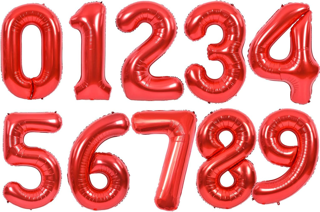 TONIFUL 16-Inch Red Mylar Foil Number Balloons | 0-9 Set of 10 for New Year, Birthdays & Celebrations