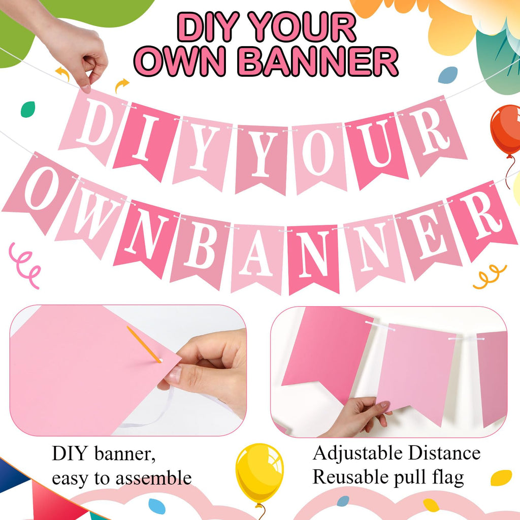 Mooliwe 171 Pcs DIY Custom Banner Kit Make Your Own Customizable Sign for Birthday Wedding Party Decoration Include 20 Paper Pennant 148 Letters and Numbers 1 Rope 2 Threading Device (Pink)